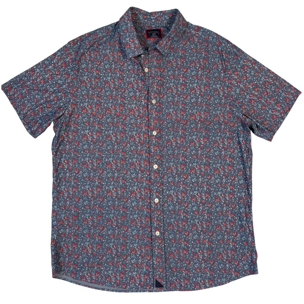 UNTUCKit Hartwell Mens Slim Fit Short Sleeve Floral Button Down Shirt Blue Red L